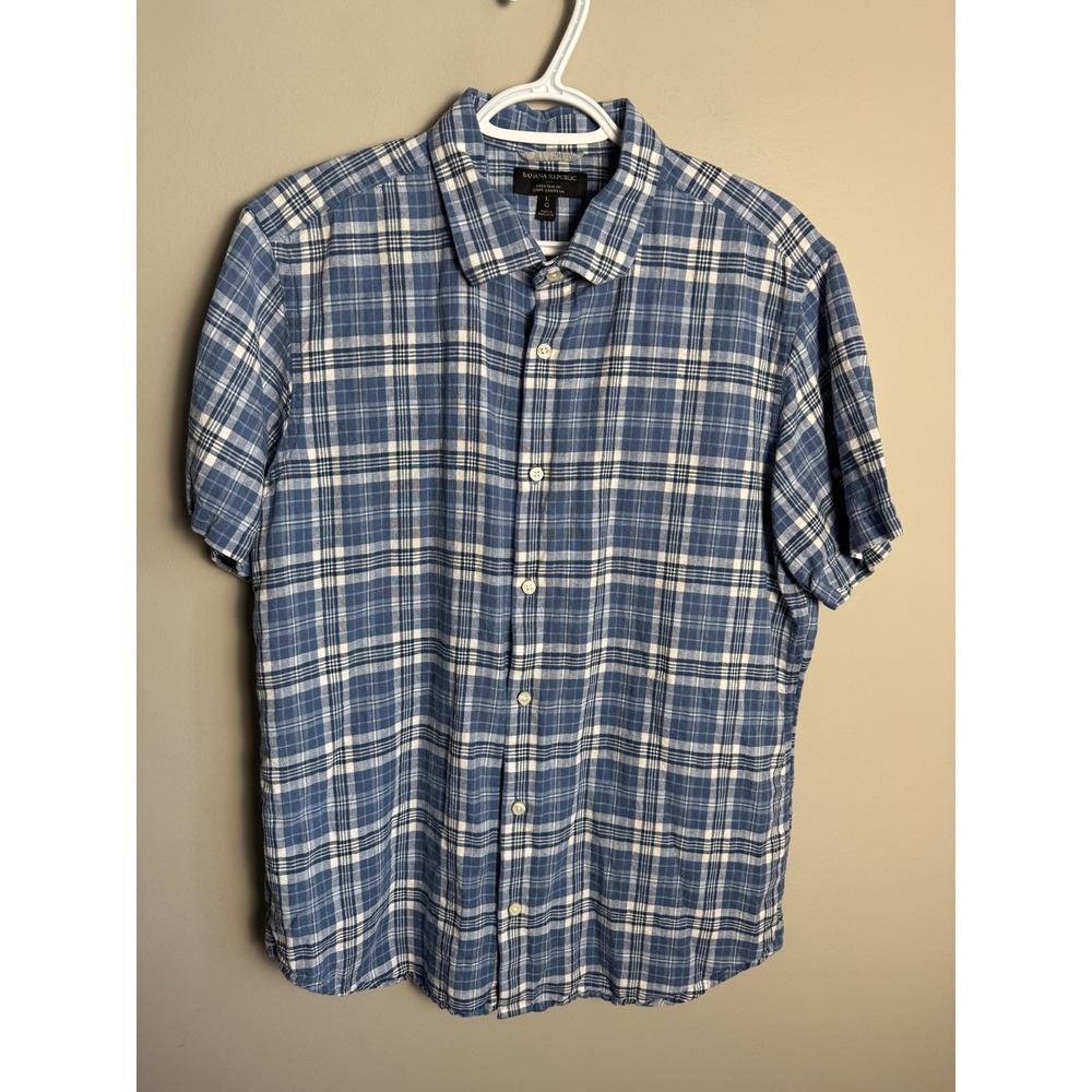 Banana Republic Mens Blue Plaid Short Sleeve Linen Cotton Slim Fit Shirt Large
